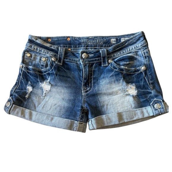 Miss Me low rise jean shorts with leather and crystal embellishments size 28 - Picture 2 of 6